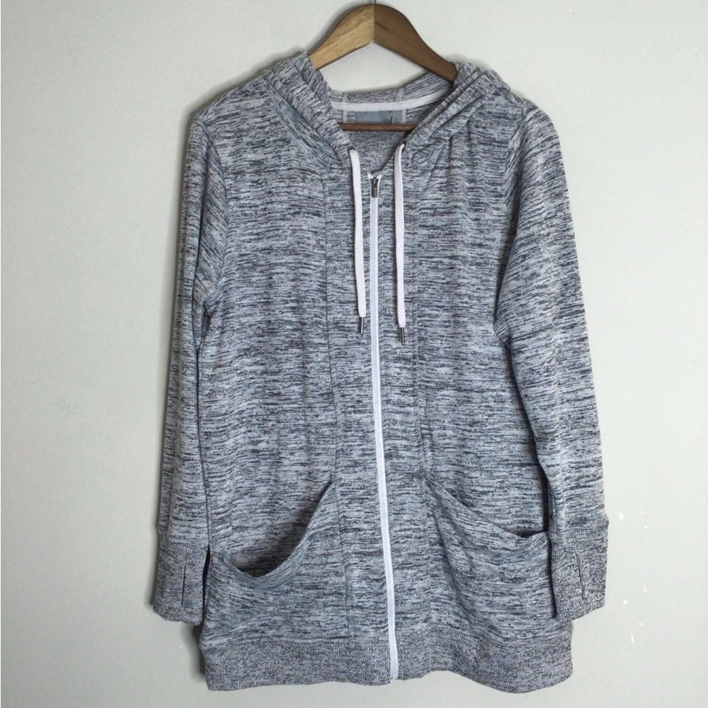 Athleta Hooded Longline Jacket M Zip Closure Medium Weight Patch + Zip Pockets